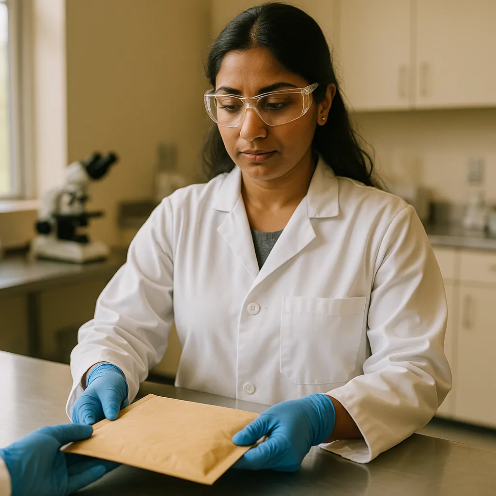Chemist receiving a sealed sample mailer at the receiving bench