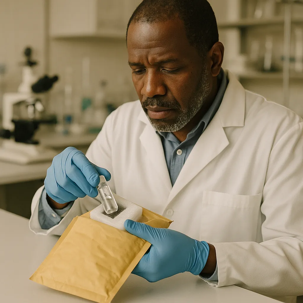 Chemist opening a padded mailer to reveal a glass vial nested in foam