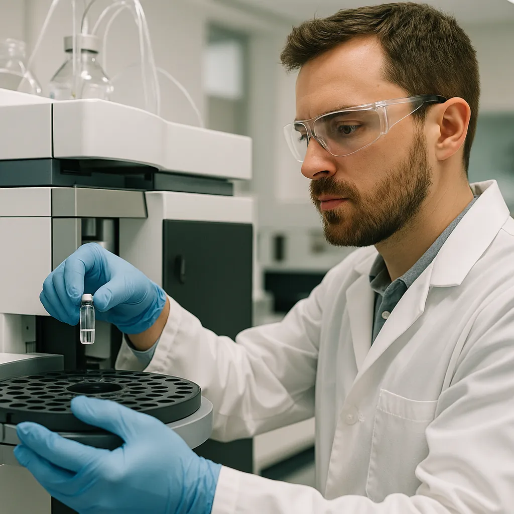 Chemist loading a sample vial into an LC-MS/MS autosampler tray